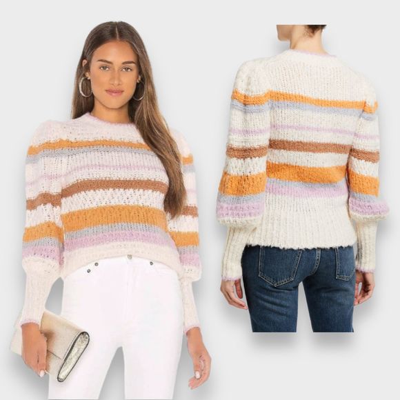 NWT Rebecca Taylor Fluffy Stripe Bishop Sleeve Knit Sweater Women's Small - Picture 2 of 14